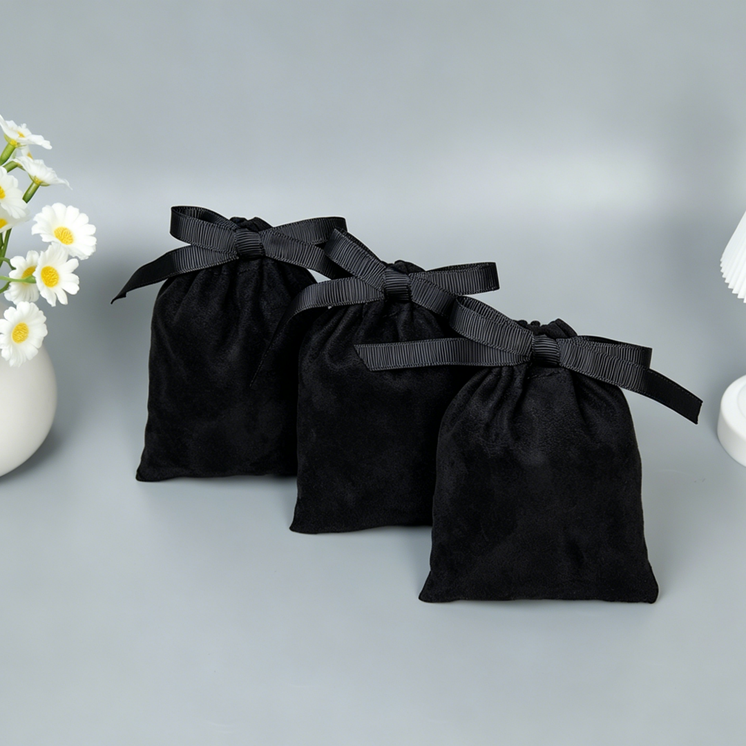 Ribbon Bow Gift - 10Pcs Black Flannel Jewelry Pouches Middle