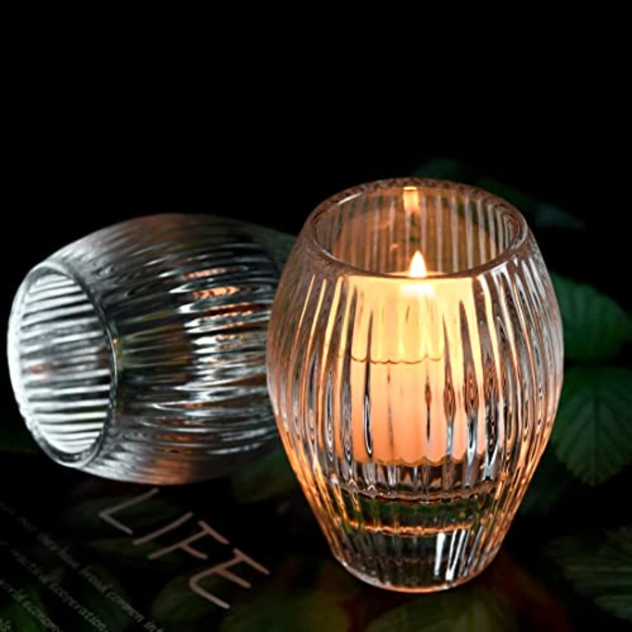 Holiday Candle Set - Ribbed Glass Taper Candle Holders -