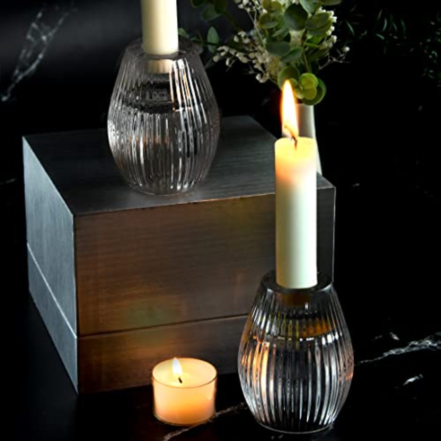 Ribbed Glass Taper Candle Hold - Holiday Candle Set บทวิจารณ์และราคา